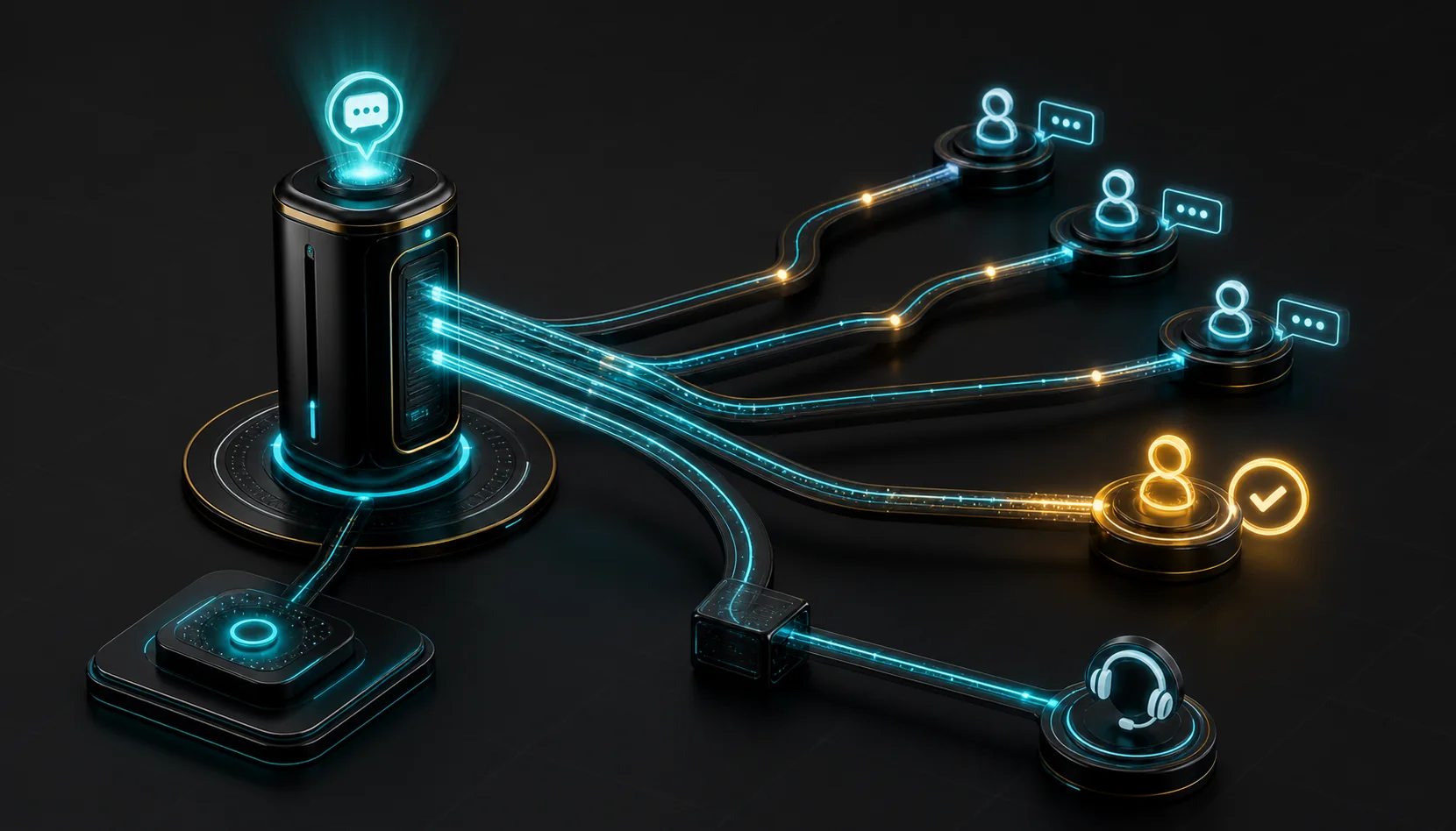 A communication beacon routing new-lead and missed-call alerts to a designated business cell phone.